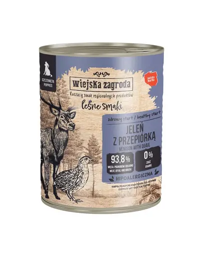 WIEJSKA ZAGRODA hrană umedă pentru căței cu cerb și prepeliță (Gusturi de Pădure) 12x800 g