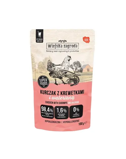 WIEJSKA ZAGRODA Hrană umedă pentru pisici, pui cu creveți și valeriană 24x100 g
