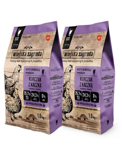 WIEJSKA ZAGRODA Hrana uscata pisici, cu pui si rata 2x1,6 kg