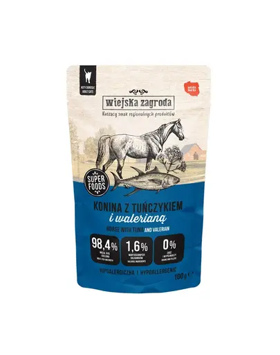 WIEJSKA ZAGRODA Superfoods Hrană umedă pentru pisici, carne de cal cu ton și valeriană 6x100 g