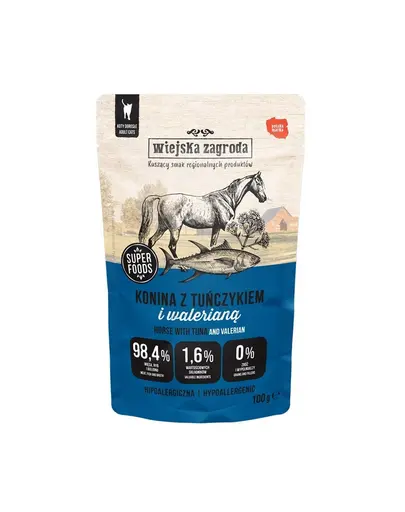 WIEJSKA ZAGRODA Superfoods Hrană umedă pentru pisici, carne de cal cu ton și valeriană 12x100 g