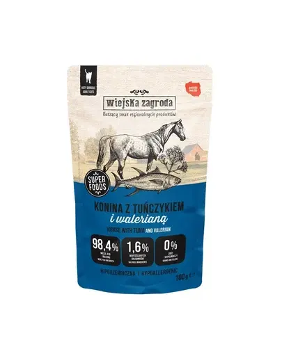 WIEJSKA ZAGRODA Superfoods Hrană umedă pentru pisici, carne de cal cu ton și valeriană 100 g
