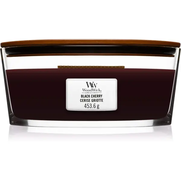 Woodwick Black Cherry lumânare parfumată cu fitil din lemn (hearthwick) 453 g