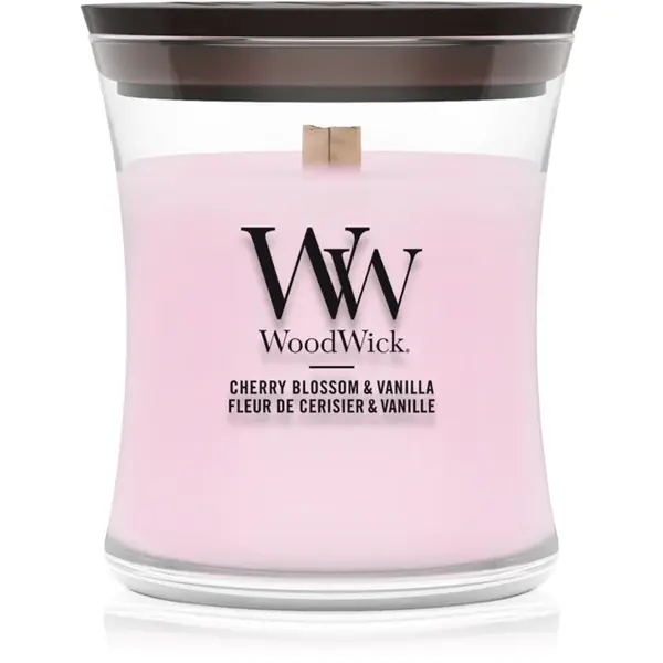 Woodwick Cherry Blossom & Vanilla lumânare parfumată cu fitil din lemn 85 g