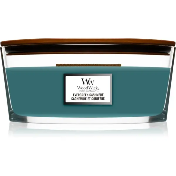 Woodwick Evergreen Cashmere lumânare parfumată cu fitil din lemn (hearthwick) 453,6 g