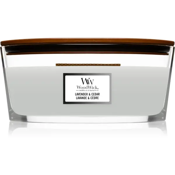 Woodwick Lavender & Cedar lumânare parfumată cu fitil din lemn (hearthwick) 453.6 g