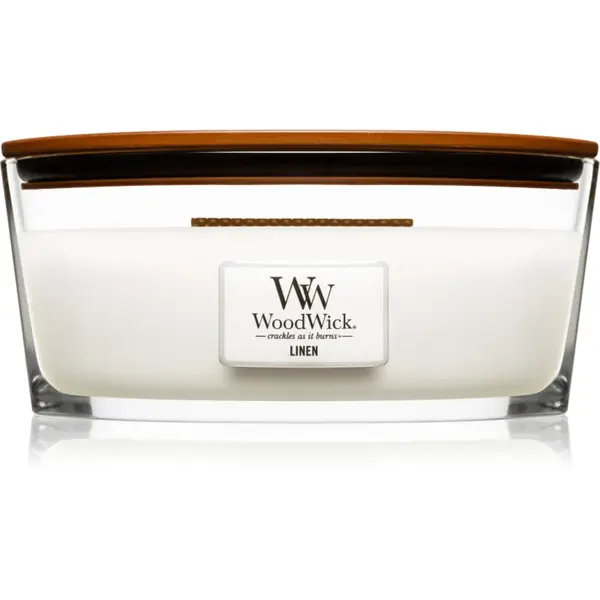 Woodwick Linen lumânare parfumată cu fitil din lemn (hearthwick) 453.6 g