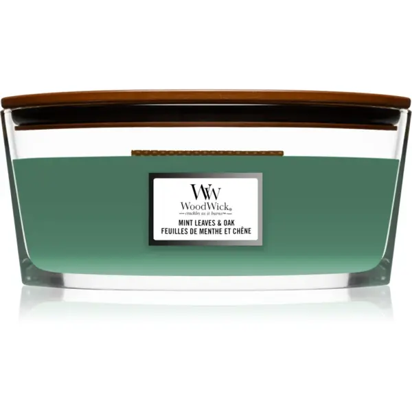 Woodwick Mint Leaves & Oak lumânare parfumată cu fitil din lemn (hearthwick) 453.6 g