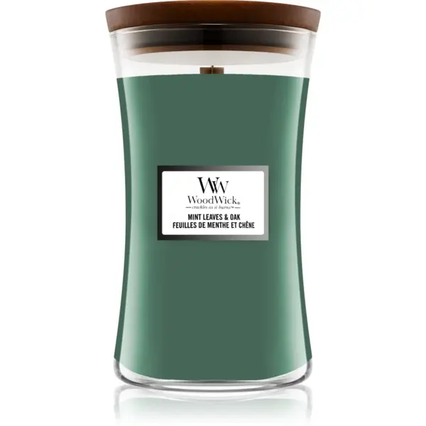 Woodwick Mint Leaves & Oak lumânare parfumată cu fitil din lemn 609.5 g