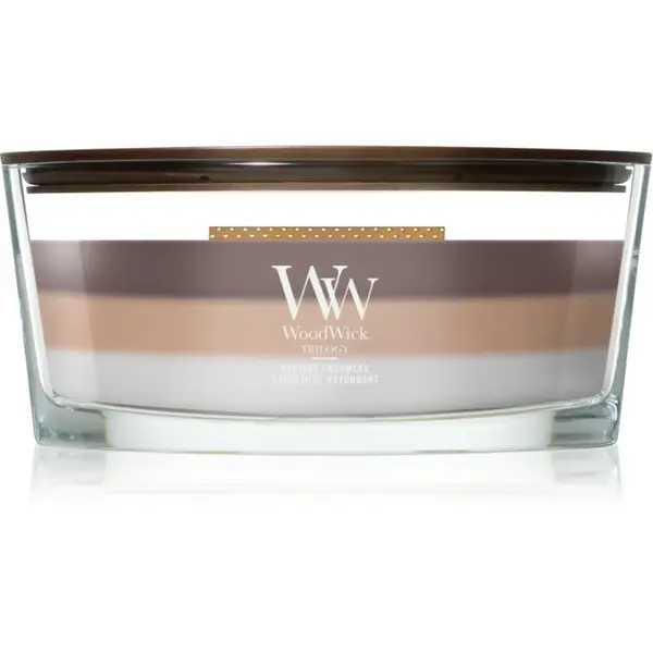 Woodwick Radiant Cashmere lumânare parfumată cu fitil din lemn 453.6 g