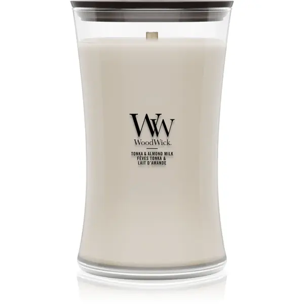 Woodwick Tonka & Almond Milk lumânare parfumată cu fitil din lemn 610 g