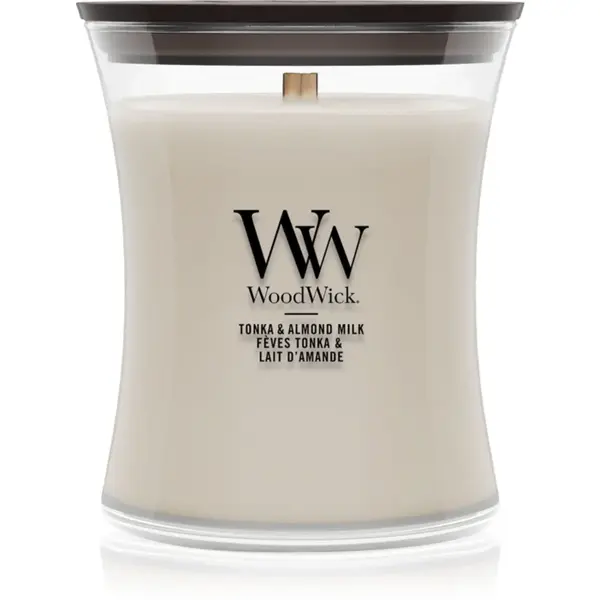 Woodwick Tonka & Almond Milk lumânare parfumată cu fitil din lemn 275 g