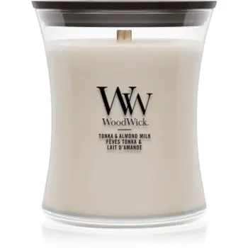 Woodwick Tonka & Almond Milk lumânare parfumată cu fitil din lemn