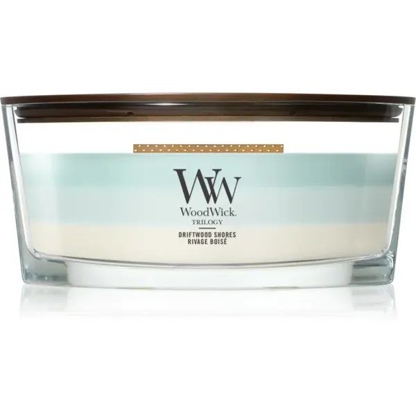 Woodwick Trilogy Driftwood Shores lumânare parfumată cu fitil din lemn 453.6 g