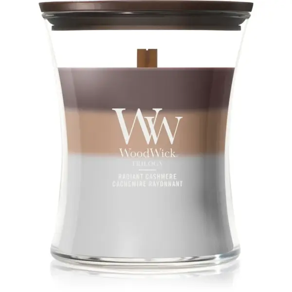 Woodwick Trilogy Radiant Cashmere lumânare parfumată cu fitil din lemn 275 g