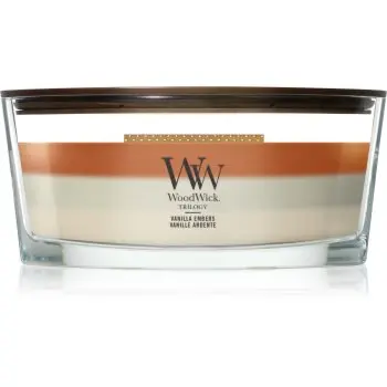 Woodwick Trilogy Vanilla Embers lumânare parfumată cu fitil din lemn