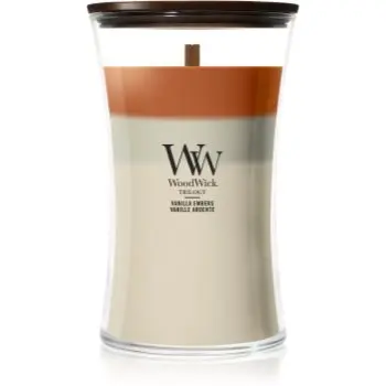 Woodwick Trilogy Vanilla Embers lumânare parfumată cu fitil din lemn