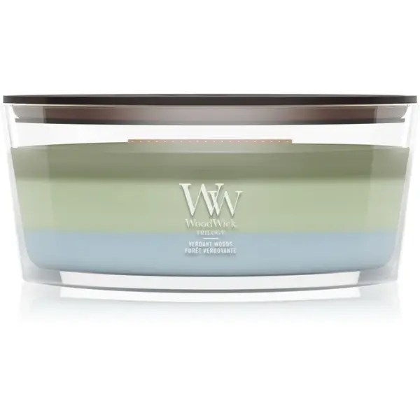 Woodwick Trilogy Verdant Woods lumânare parfumată cu fitil din lemn 453.6 g