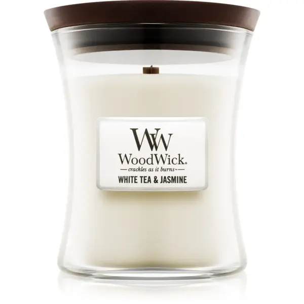 Woodwick White Tea & Jasmine lumânare parfumată cu fitil din lemn 275 g