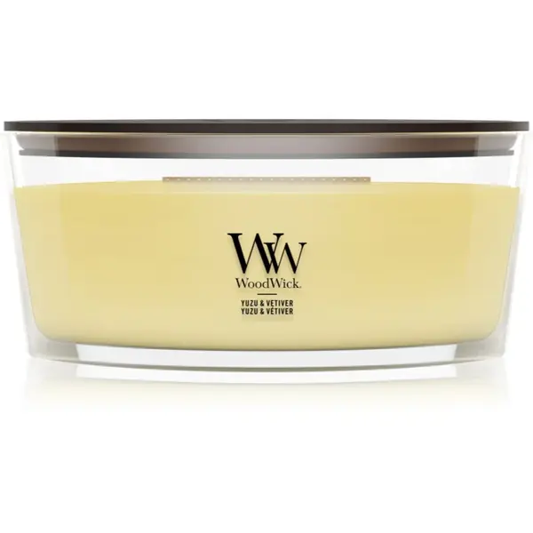 Woodwick Yuzu & Vetiver lumânare parfumată cu fitil din lemn 453.6 g