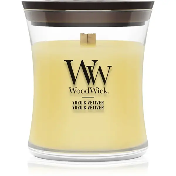 Woodwick Yuzu & Vetiver lumânare parfumată cu fitil din lemn 85 g