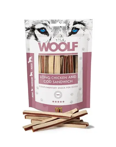 WOOLF Long Chicken And Cod Sandwich 100g pui si cod, pentru caini