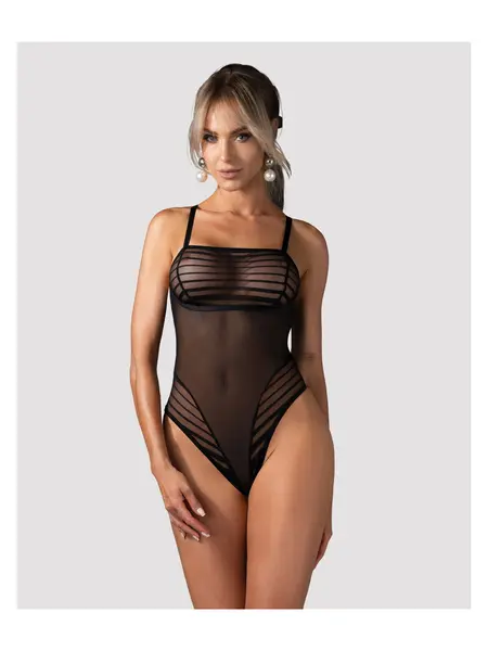 XL/2XL - Body transparent seducator cu dungi Lune Bellis teddy Negru