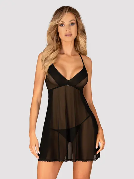 XL/2XL - Chemise din tul cu chilot tanga inclus Latinesa Negru