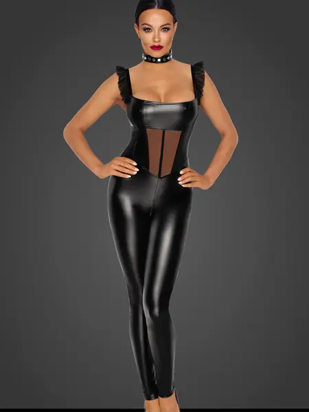 XL - Catsuit trendy din imitatie de piele F256 Negru