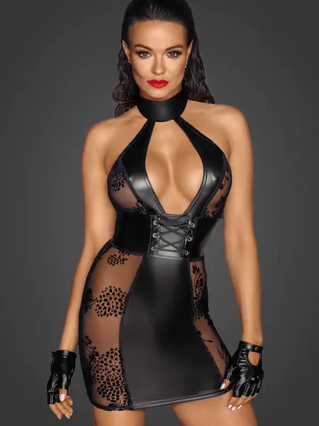 XL - Rochie mini din imitatie de piele F238 Negru