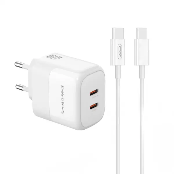 XO Design Incarcator Retea Cu Cablu USB-C XO Design L140, 35W, 3A, 2 x USB-C, Alb