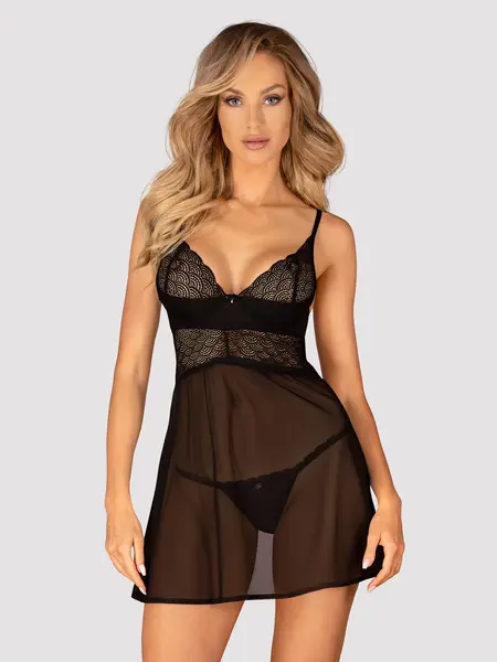 XS/S - Chemise din tul cu chilot tanga inclus Chemeris Negru
