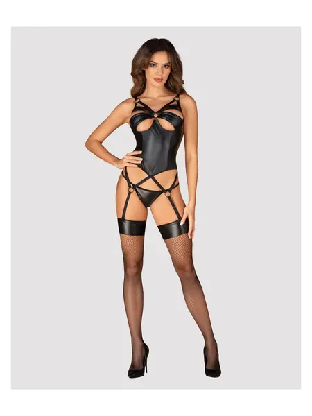 XS/S - Corset din imitatie de piele cu jartiere si chilot tanga Corset Armares Negru