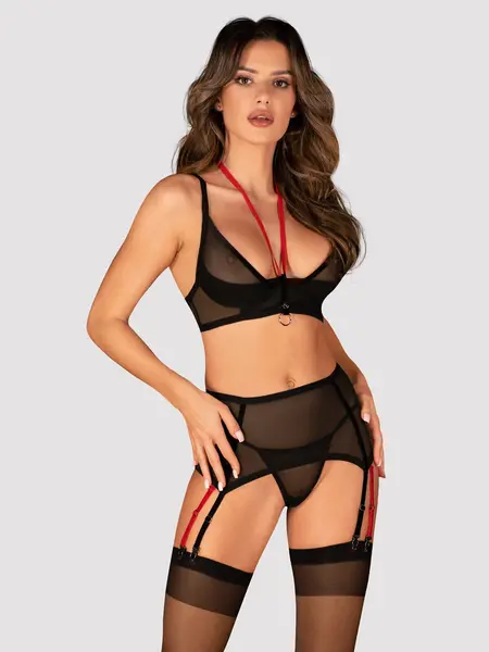 XS/S - Set compus din sutien, portjartier si chilot tanga Glandez Negru