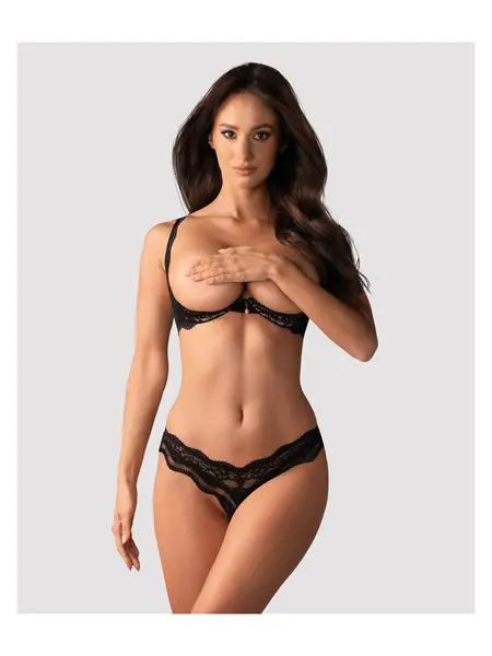 XS/S - Set sutien cu cupe decupate și tanga crotchless Set Negru