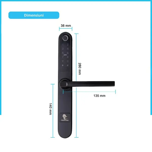 Yala inteligenta Monaco Black cu amprenta si Wi-Fi control din telefon, pentru casa/hoteluri, Bluetooth, PIN, RFID, alexa, pentru usi PVC si aluminiu