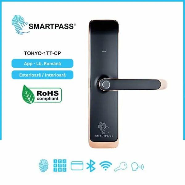 Yală Inteligentă Smartpass Tokyo Copper cu Amprentă, PIN, RFID, Bluetooth și Control WiFi prin TTLock, IP65, pentru Uși PVC, Aluminiu și Lemn