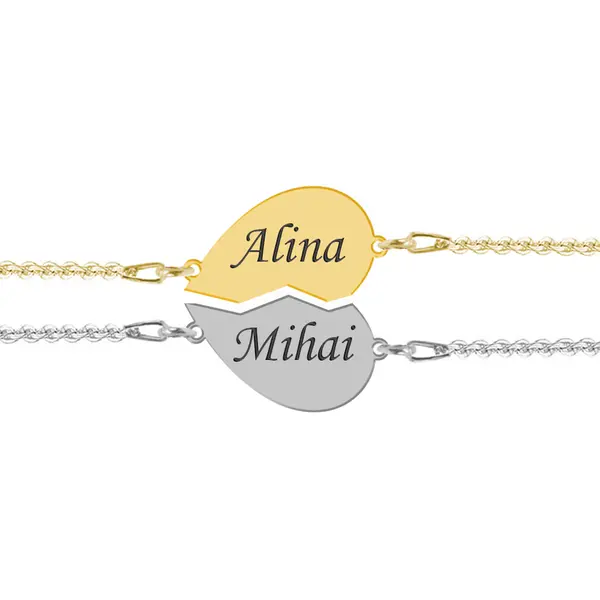 You and Me - Set bratari personalizate inimioara cu nume pentru cuplu din argint 925