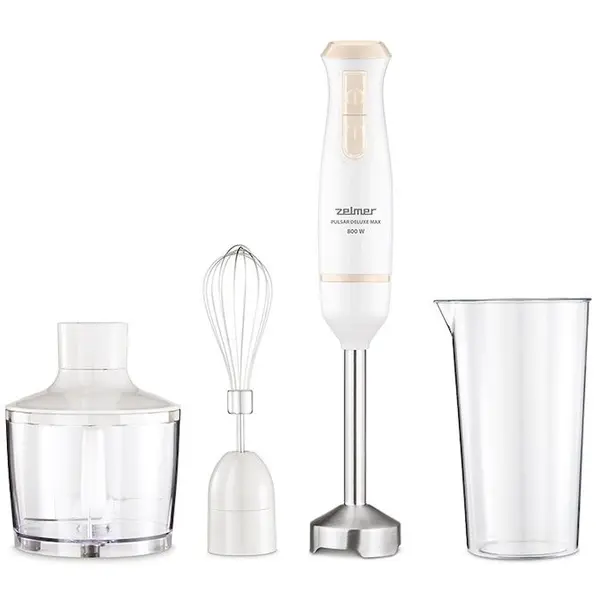 ZELMER Blender de mana Zelmer ZHB4562I Pulsar Deluxe Max, 800 W, 2 lame inox, Picior inox, Recipient 800 ml, Tocator 450 ml, Tel, Design ergonomic, Alb/Crem