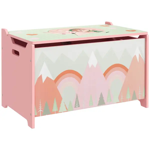 ZONEKIZ Cutie de depozitare cu spațiu, ladă pentru jucării cu capac și balama de siguranță, design drăguț cu animale, 60 x 37 x 39 cm, Roz | Aosom Romania