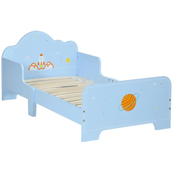 ZONEKIZ Pat pentru Copii cu Decor Spațial, Pătuț pentru Copii cu Vârsta 3-6 Ani, 143x74x59 cm, Albastru Deschis | Aosom Romania