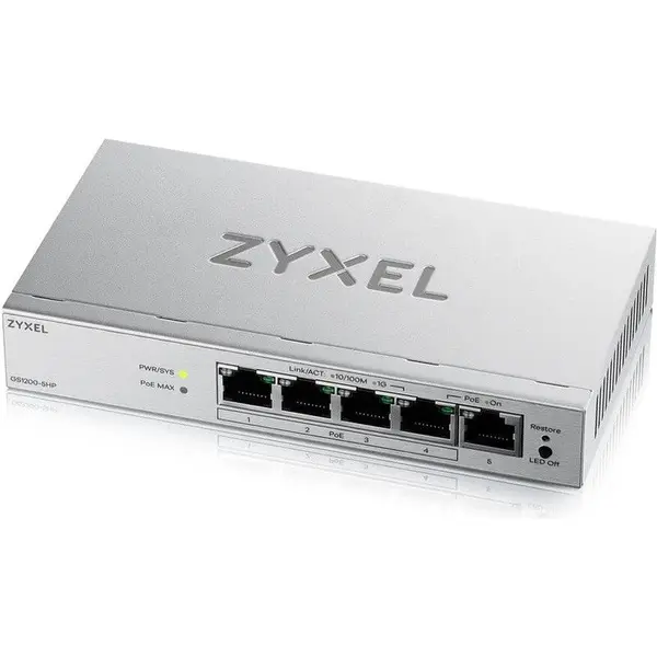 ZyXEL Switch ZYXEL Gigabit GS1200-5HPV3, 5 porturi RJ-45 (4 porturi PoE+), PoE Budget 68 W, Alimentare 100 - 240 V AC, 50/60 Hz, Management