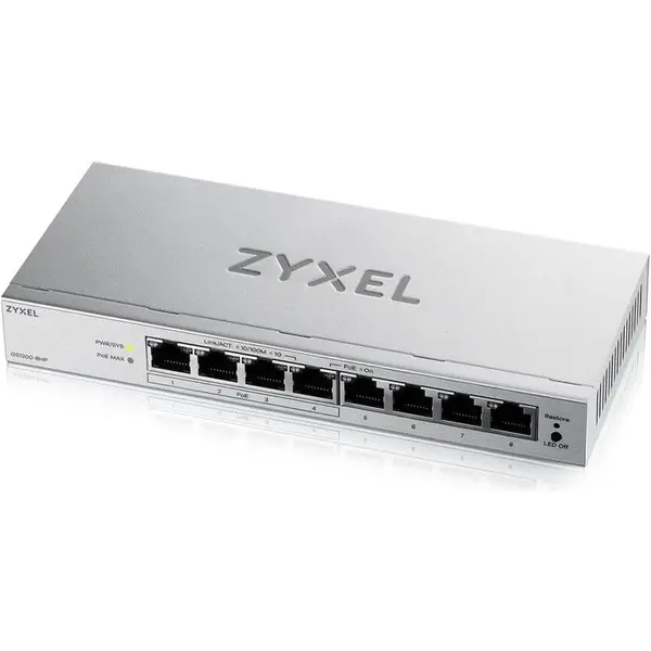 ZyXEL Switch ZYXEL Gigabit GS1200-8HPV3, 8 porturi RJ-45 (4 porturi PoE+), PoE Budget 68 W, Alimentare 100 - 240 V AC, 50/60 Hz, Management