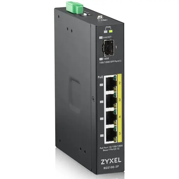 ZyXEL Zyxel RGS100-5P Industrial Switch 4x GbE+1x SFP, PoE DIN rail/Wall mount, IP30